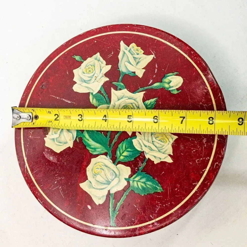 1940’s Vintage Cake Tin Burgundy Red/White Roses Romantic